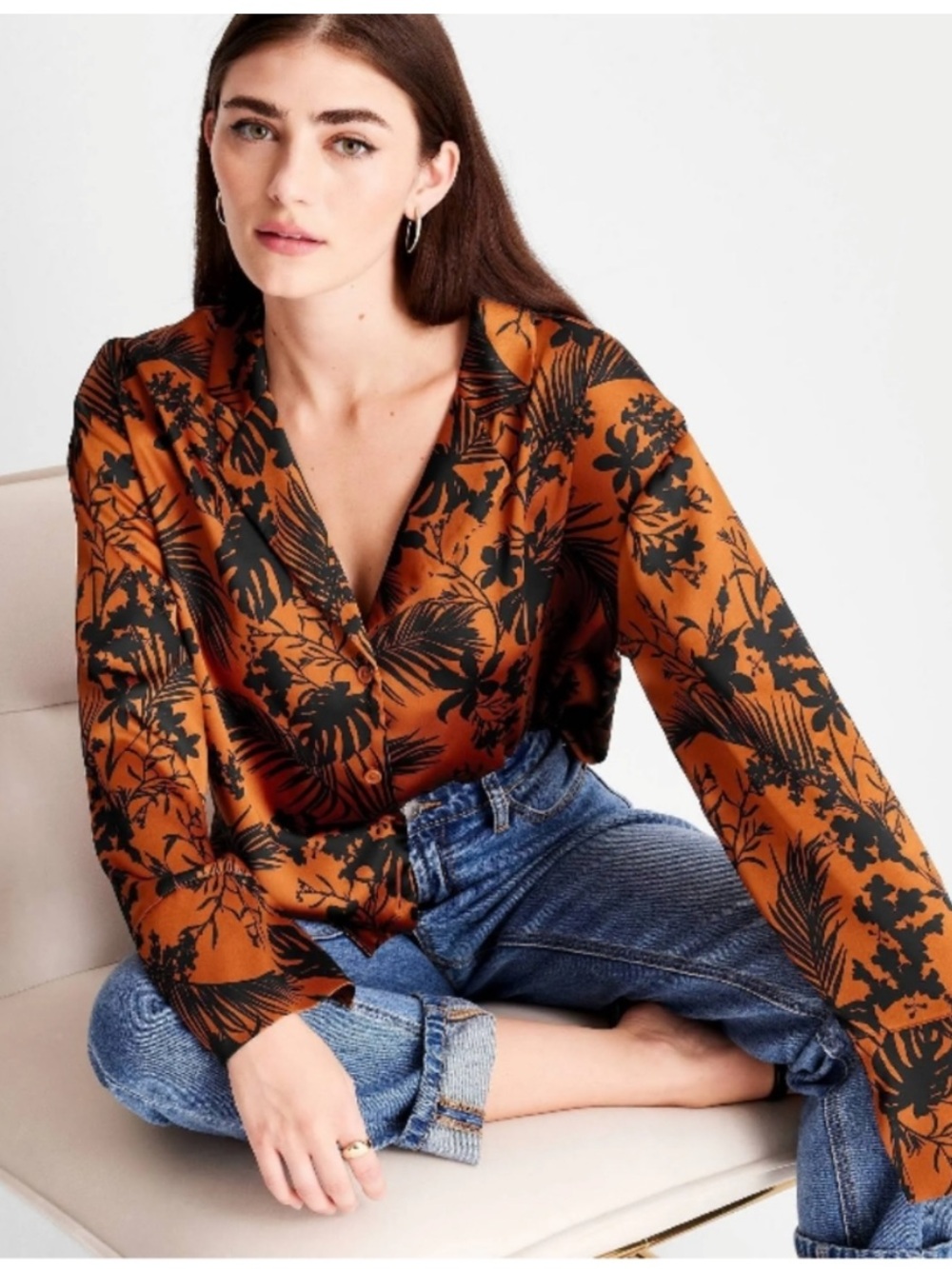 Printed Rust Satin V-Neck Blouse